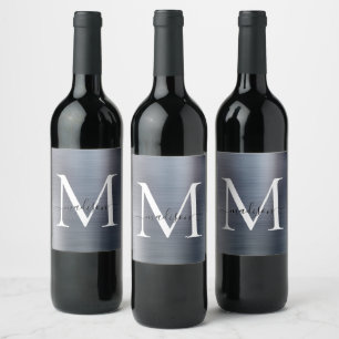 Silver Grey Monogram Girly Script Metallic Steel Wine Label
