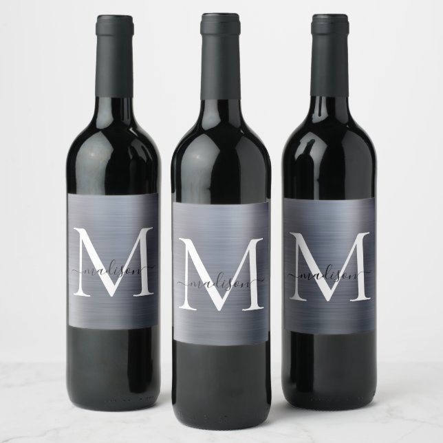 Silver Grey Monogram Girly Script Metallic Steel Wine Label (Bottles)