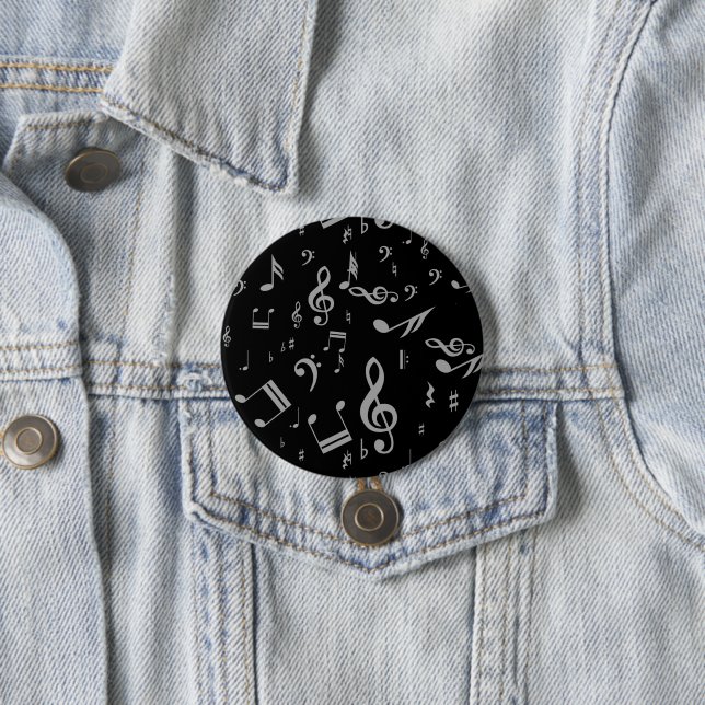 Silver Grey Musical Notes on Black 7.5 Cm Round Badge (In Situ)