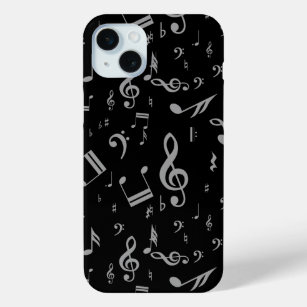 Silver Grey Musical Notes on Black iPhone 15 Mini Case