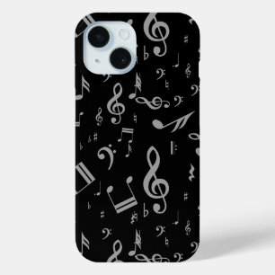 Silver Grey Musical Notes on Black iPhone 15 Case