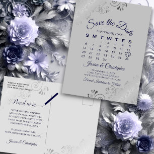 Silver Grey & Navy Wedding Save the Date Calendar Announcement Postcard