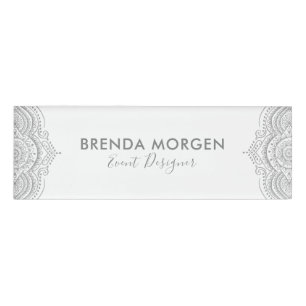 Silver-grey ornate paisley on white name tag