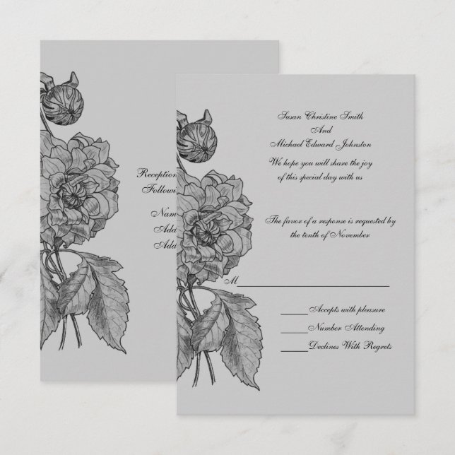 Silver Grey Peony Floral Wedding  RSVP Card (Front/Back)