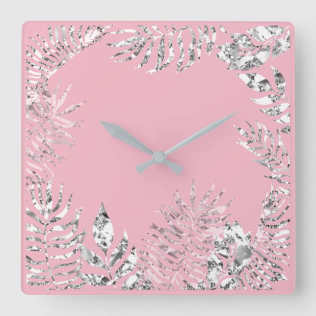 Silver Grey Pink Pastel Palm Botanical Metallic Square Wall Clock (Front)