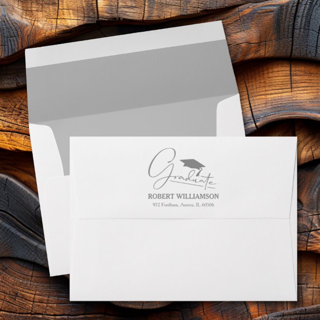 Silver Grey Return Address Graduation Cap Envelope (Silver gray graduation cap, printed lining and FREE return address envelopes)