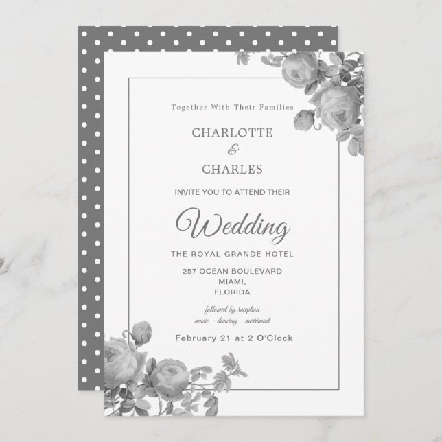 Silver Grey Roses Elegant Floral Wedding Invitation (Front/Back)