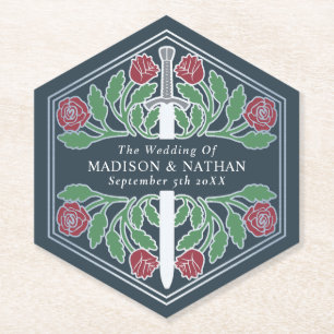 Silver Grey Royal Mediaeval Floral Sword Wedding Paper Coaster