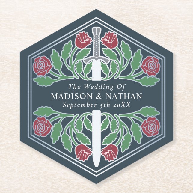 Silver Grey Royal Mediaeval Floral Sword Wedding Paper Coaster (Front)