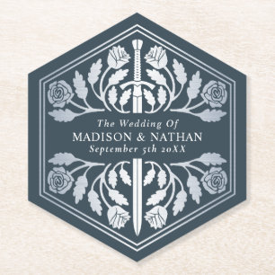 Silver Grey Royal Mediaeval Sword Wedding Paper Coaster