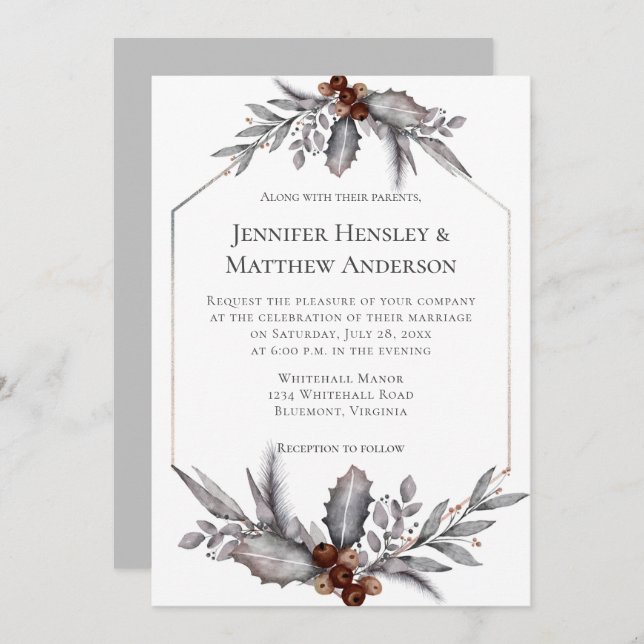 Silver, Grey, Rusty Brown Winter Wedding Invitatio Invitation (Front/Back)