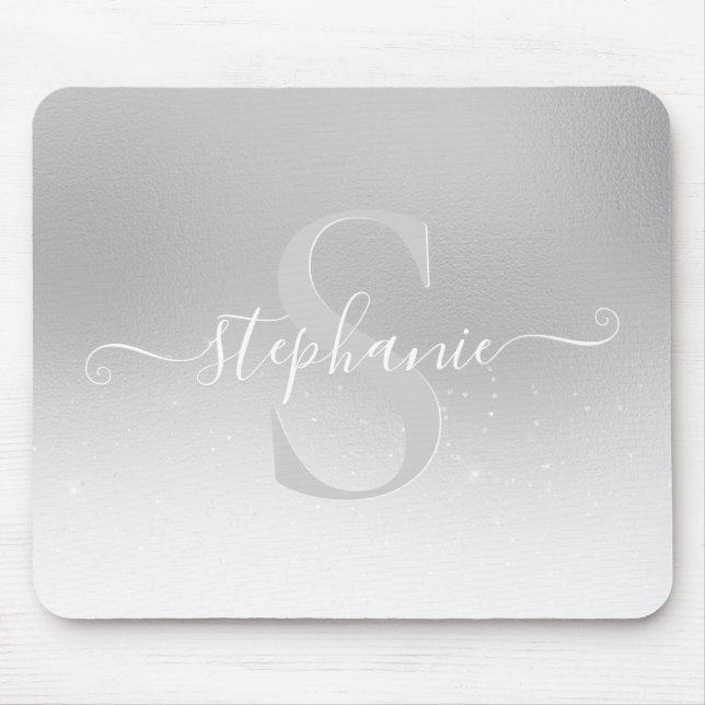 Silver Grey Shimmer Sparkle Monogram Mouse Pad (Front)