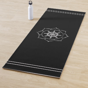 Silver Grey Ship Wheel within Lotus on Black Yoga Mat