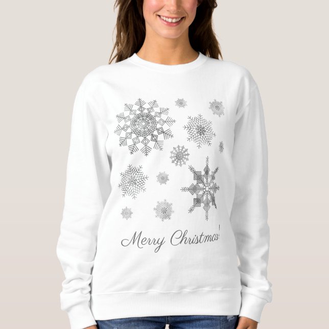 Silver Grey Snowflakes With Merry Christmas Text Sweatshirt (Front)