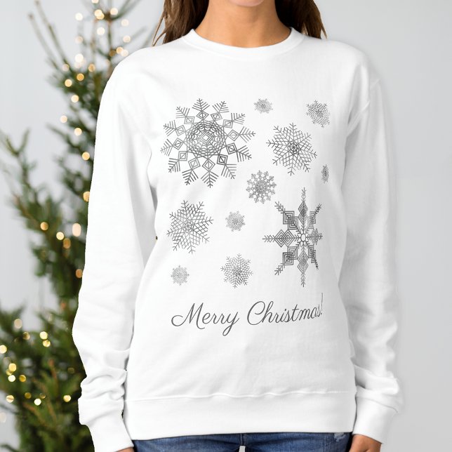 Silver Grey Snowflakes With Merry Christmas Text Sweatshirt (Festive design for the Holiday season.)