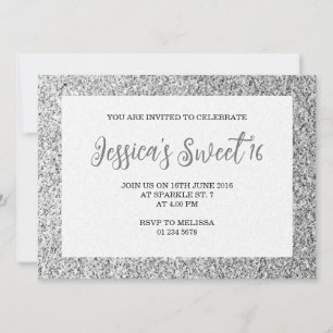 Silver grey sparkles Sweet 16 elegant script Invitation