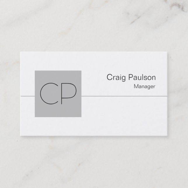 Silver Grey Square White Monogram Business Card (Front)