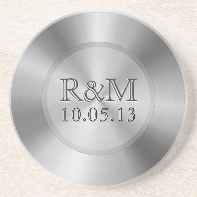 Silver Grey Stainless Steel Look Monogram Coaster (Front)