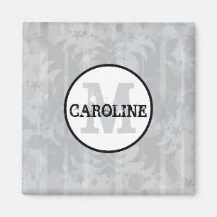 Silver Grey Stars Modern Monogram Damask Stars Magnet
