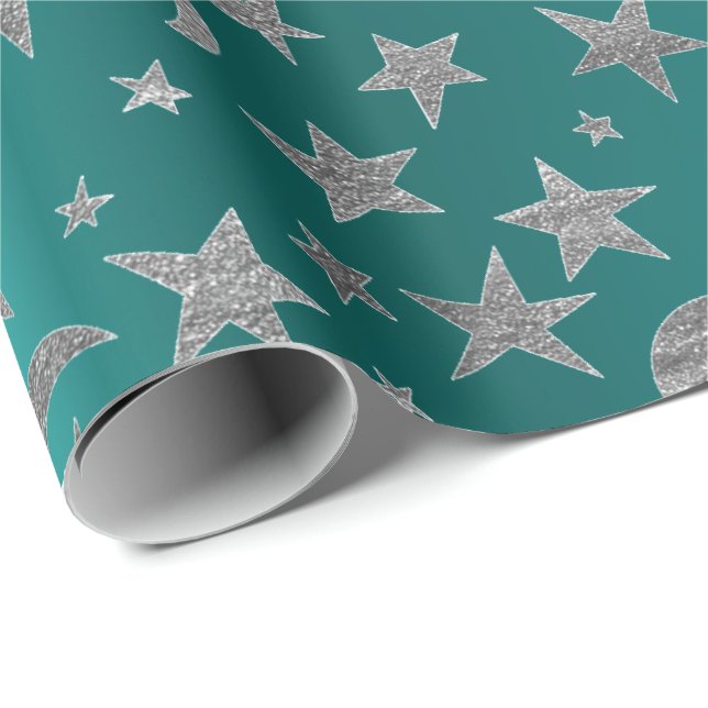 Silver Grey Stars Moon Sky Metallic Greenly Teal Wrapping Paper (Roll Corner)