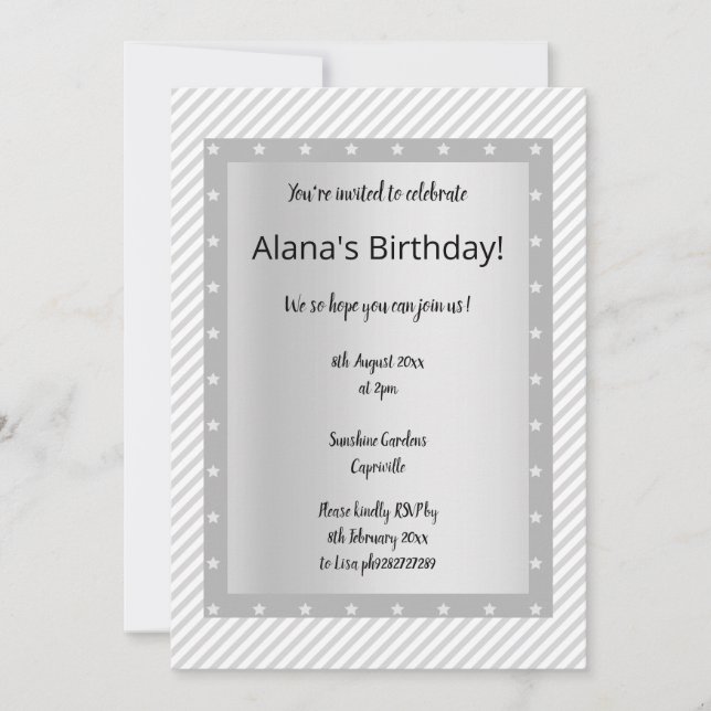 Silver Grey STRIPE STAR party invitations (Front)
