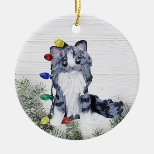 Silver Grey Tabby Maine Coon Cat Ornament (Front)