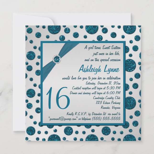 Silver Grey, Teal FAUX Glitter Polka Dot Sweet 16 Invitation (Front)