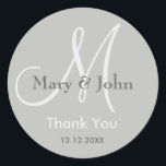 Silver Grey Thank You Wedding Monogram Seal<br><div class="desc">Monogram Initial Stickers with bride and groom name, date of wedding and a thank you message to express your gratitude on your wedding day or any special occasion. More colours are available for your choice . You can also customise the colour and font using the customise it feature button below...</div>