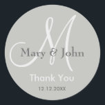 Silver Grey Thank You Wedding Monogram Seal<br><div class="desc">Monogram Initial Stickers with bride and groom name, date of wedding and a thank you message to express your gratitude on your wedding day or any special occasion. More colours are available for your choice . You can also customise the colour and font using the customise it feature button below...</div>