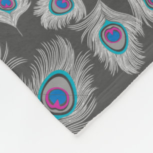 Silver Grey & Turquoise Peacock Feathers Fleece Blanket