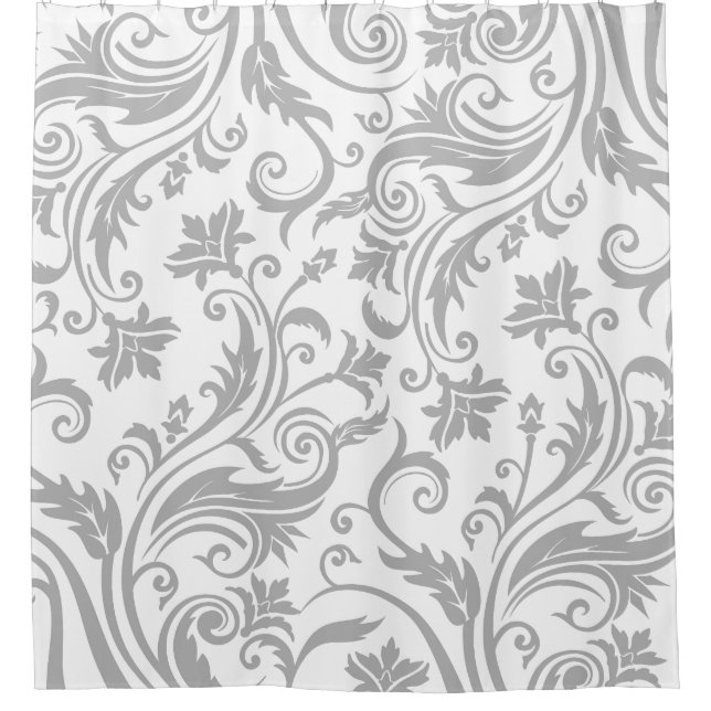 Silver Grey Vintage Damask Pattern Shower Curtain (Front)