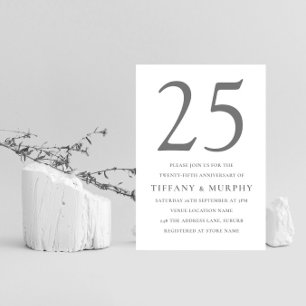 Silver Grey & White 25th Wedding Anniversary Invitation