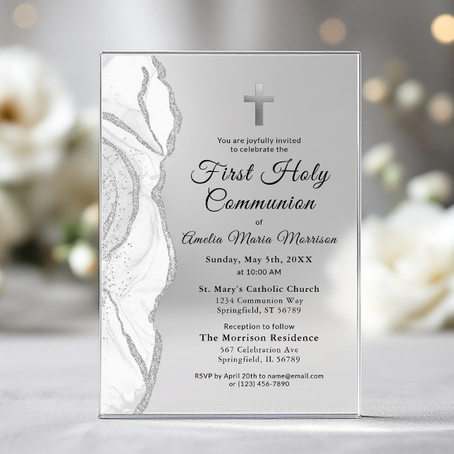 Silver Grey White Agate First Holy Communion Girl Acrylic Invitations (Creator Uploaded)