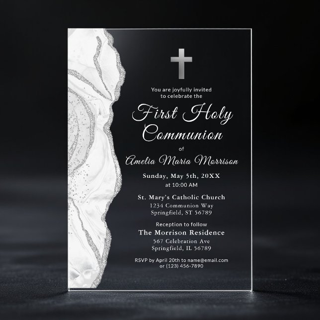 Silver Grey White Agate First Holy Communion Girl Acrylic Invitations (Creator Uploaded)