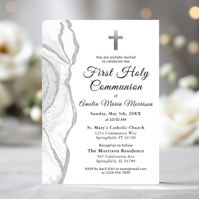 Silver Grey White Agate First Holy Communion Girl Invitation (Creator Uploaded)