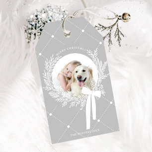 Silver Grey & White Christmas Wreath Photo Gift Tags