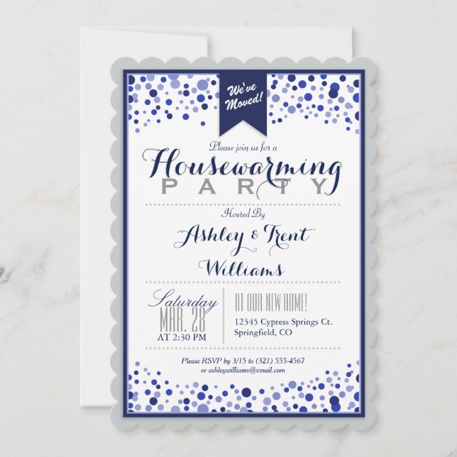 Silver Grey, White, Navy Blue Housewarming Party Invitation (Front)