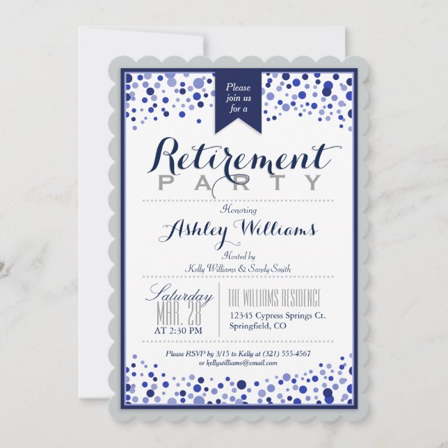 Silver Grey, White, Navy Blue Retirement Party Invitation (Front)