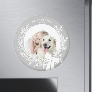 Silver Grey & White Simple Christmas Wreath Photo Magnet