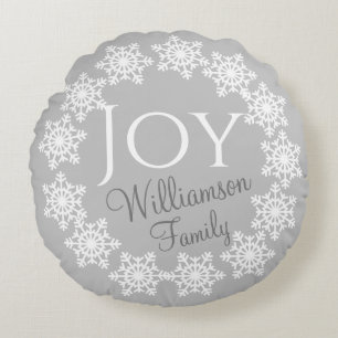 Silver Grey White Snowflake JOY Christmas Family R Round Cushion