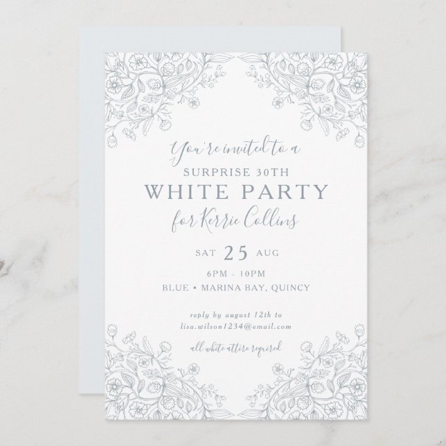 Silver Grey Wildflower Florals 30th Birthday Invitation (Front/Back)