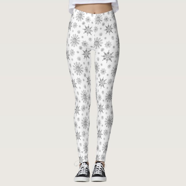 Silver Grey Winter Snowflake Pattern On White Leggings (Front)