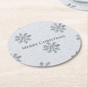 Silver Grey Winter Snowflakes Christmas Round Paper Coaster