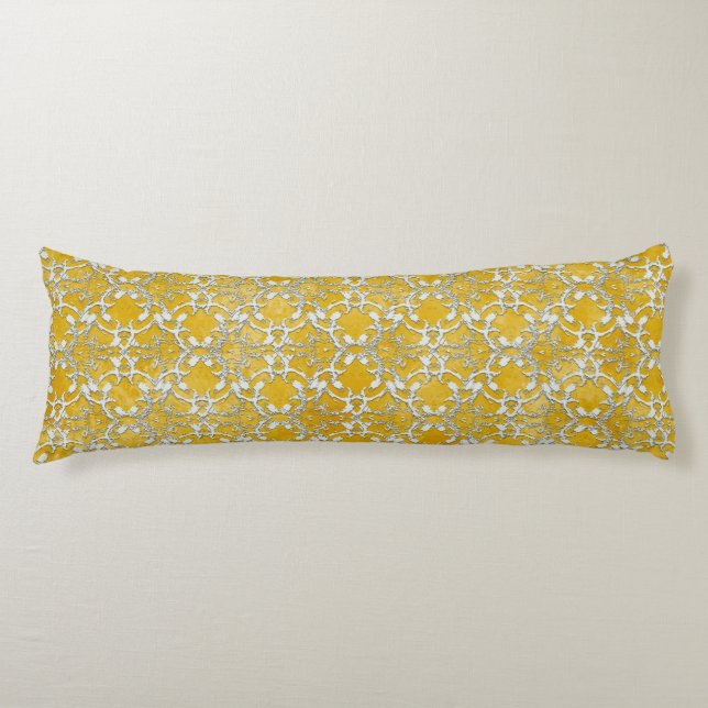 Silver Grey Yellow Dancing Scrolls Pattern Body Cushion (Front)