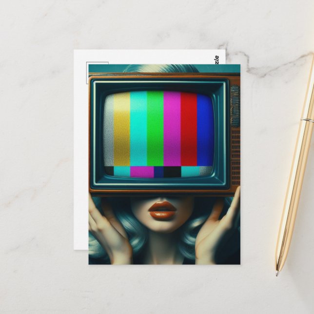 Silver Haired Woman With a TV on Her Head Postcard (Front/Back In Situ)