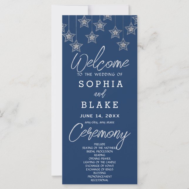 Silver Hanging Stars Dark Blue Wedding Program (Front)