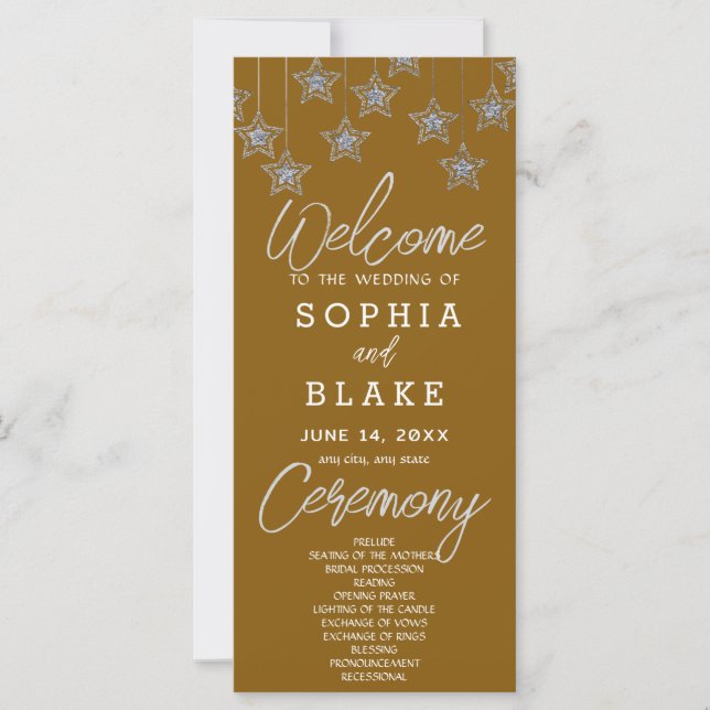 Silver Hanging Stars Dark Gold Wedding Program (Front)