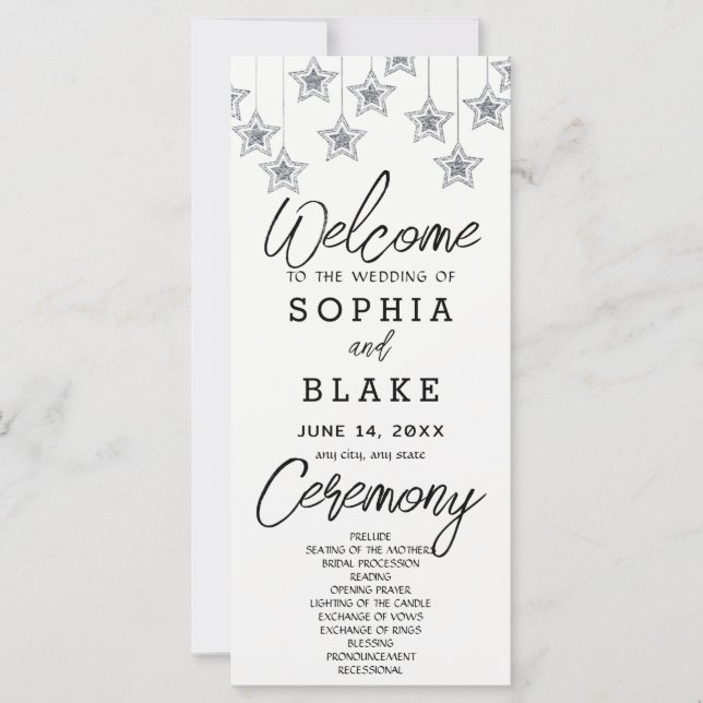 Silver Hanging Stars Off White Wedding Program (Front)