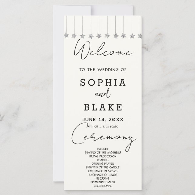 Silver Hanging Stars Off White Wedding Program (Front)