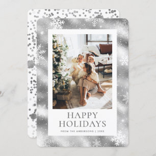 Silver Happy Holidays Snowflake Snow Photo Holiday Card